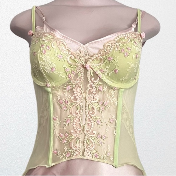 Y2K Fairycore Garden Fairy Embroidered Bustier Lime by Delicates SZ 36-38B/C - Picture 2 of 14